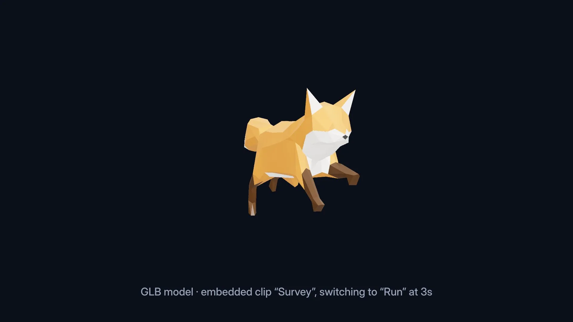 Rendered frame at 4.5 seconds: the same fox in full stride after the form switch to its Run clip