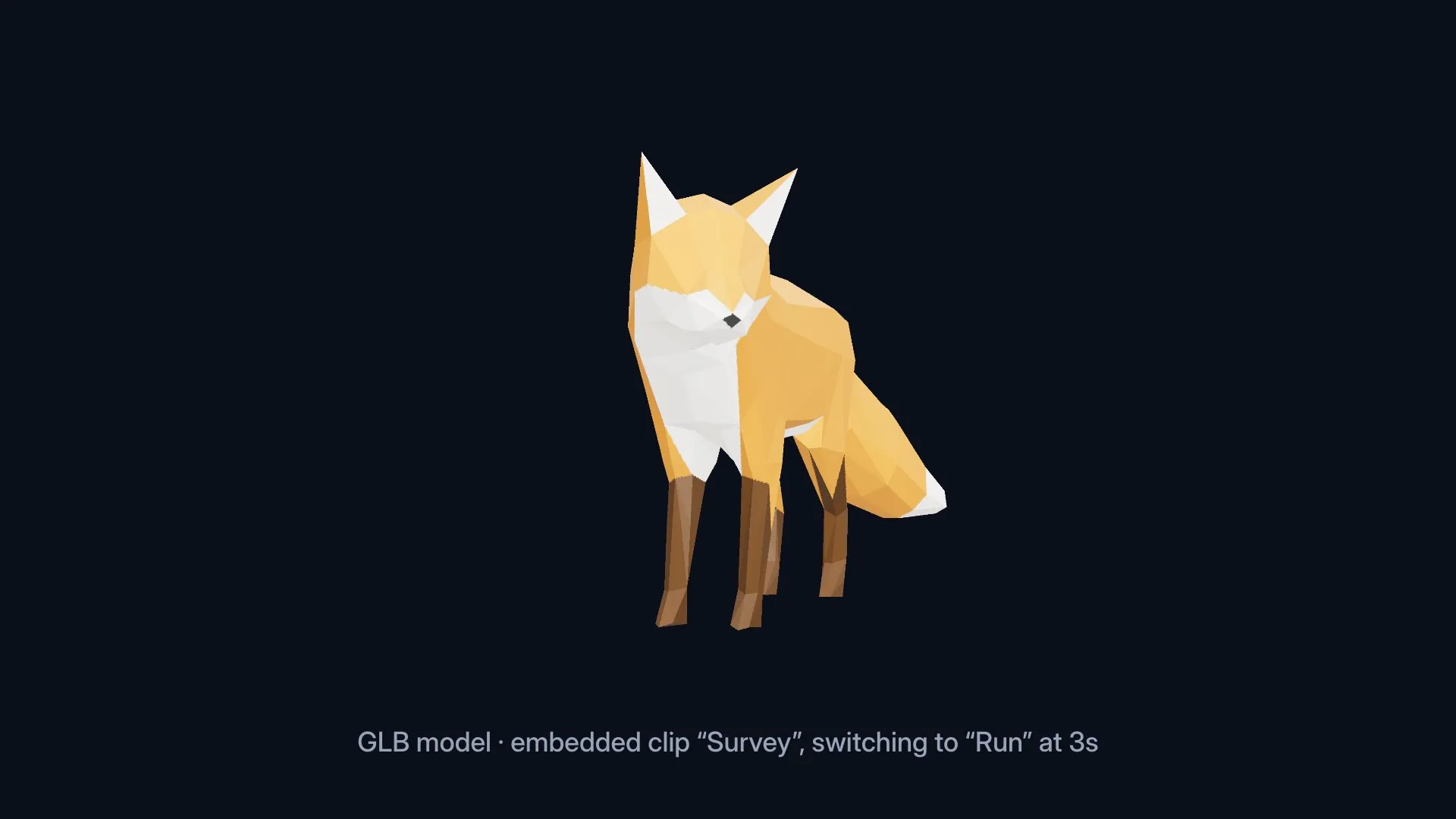 Rendered frame at 1.5 seconds: the low-poly fox mid-Survey, head turned, on a dark ground