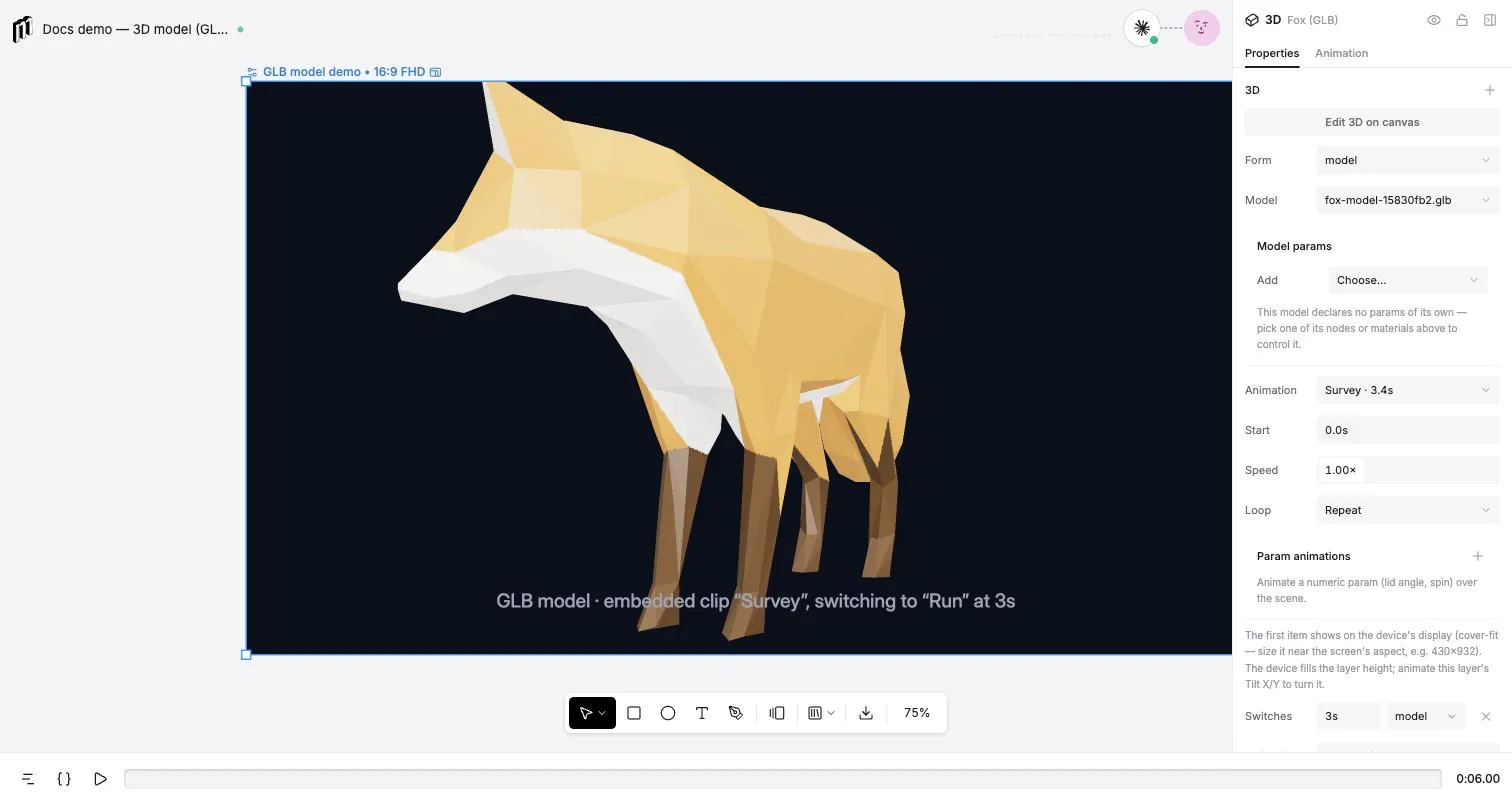 The 3D panel for an uploaded fox GLB: Form set to model, the model file, an Animation row reading Survey · 3.4s, Start, Speed and Loop controls, and a Switches row at 3s