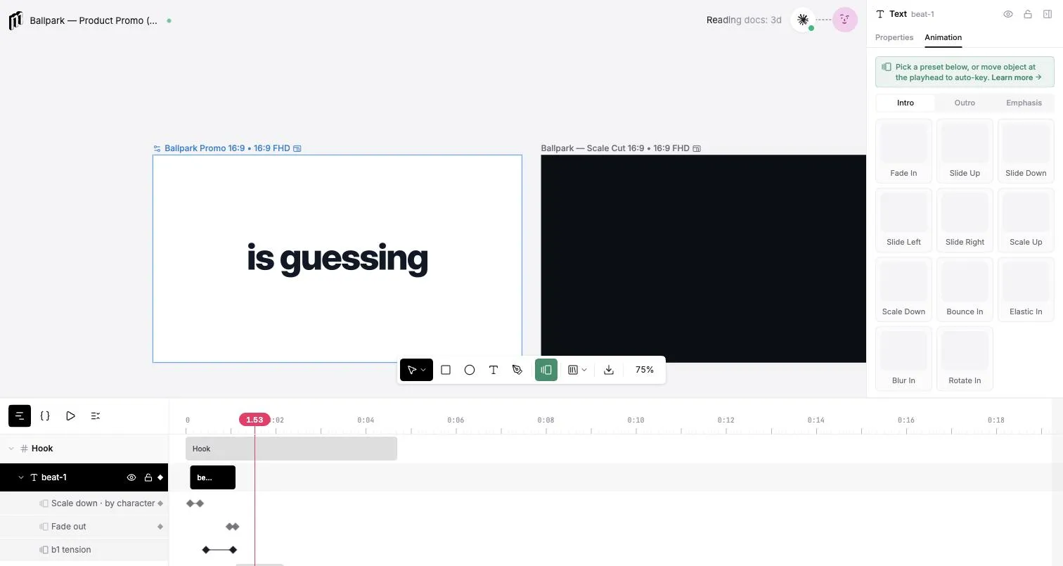 The Animation tab of a text layer: an Intro / Outro / Emphasis preset grid on the right, and the layer expanded in the timeline below with its motion rows and keyframe diamonds