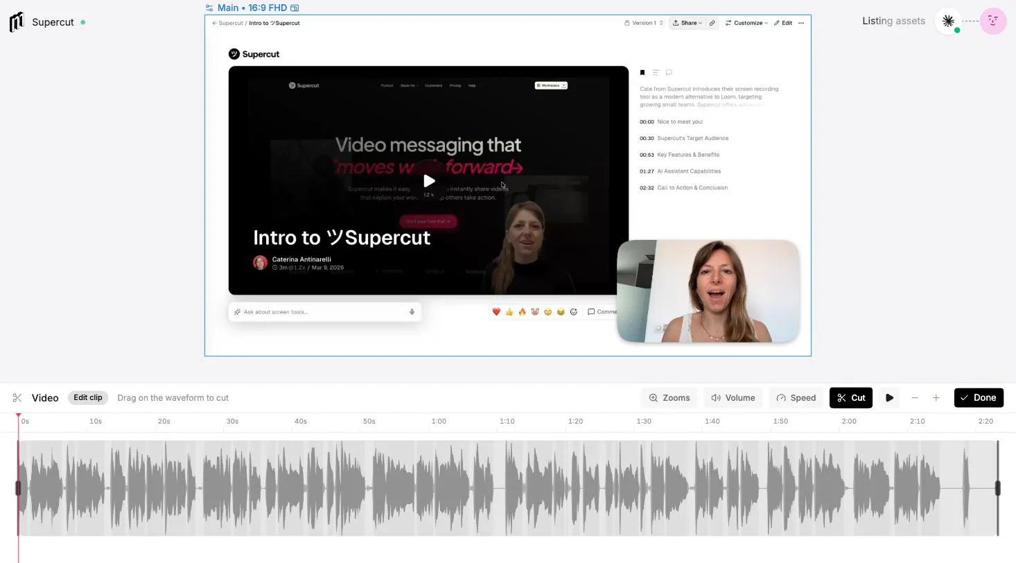 The clip editor open under the canvas in Cut mode: the clip's full waveform across the bottom, Zooms, Volume, Speed and Cut tools in the header, and the hint Drag on the waveform to cut
