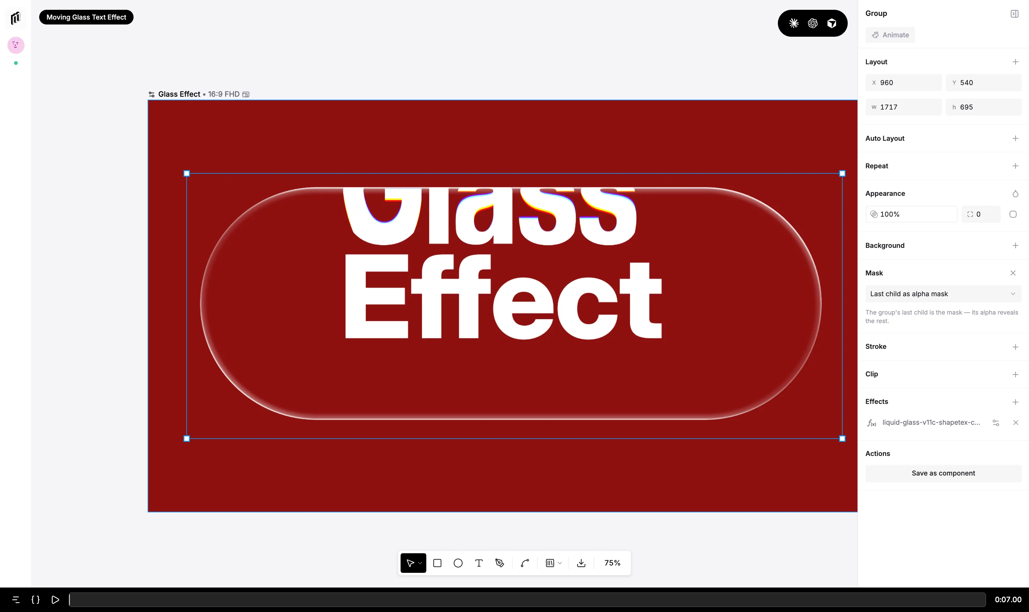 A glass pill rendered over dark red, with the custom liquid-glass .wgsl filter listed in the layer's Effects section