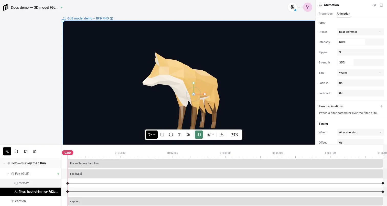 A custom heat-shimmer filter's panel, generated from its @param lines: Intensity, Ripple, Strength, a Tint dropdown set to Warm, fade in and out, param animations, and timing