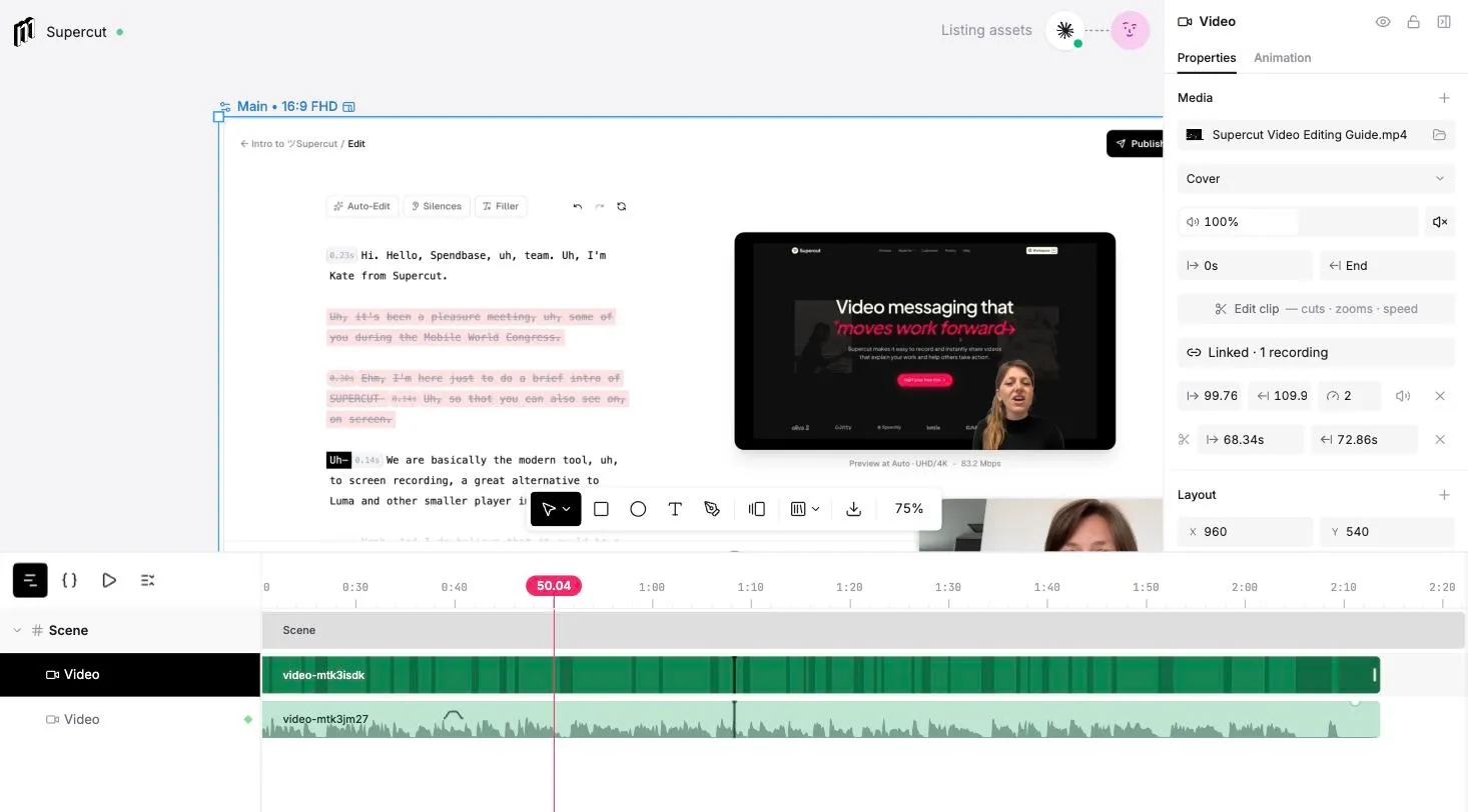 A video clip's properties panel with a Linked · 1 recording row, a speed range shown as start, end and rate fields, and a cut range shown as start and end fields