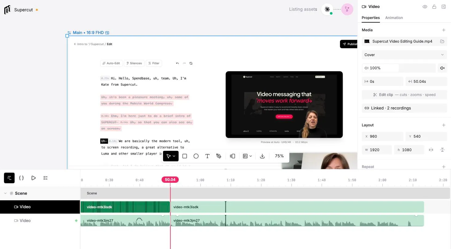 The timeline after a split: each linked recording is now two chunks on its row, and the properties panel reads Linked · 2 recordings