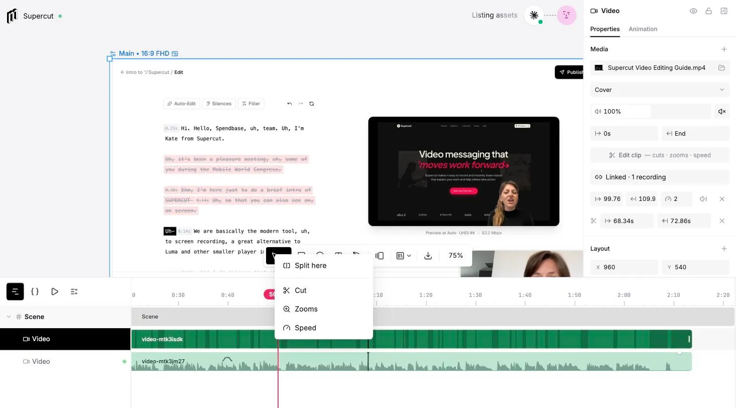 The timeline with a screen-recording clip right-clicked: a context menu offering Split here, Cut, Zooms and Speed, with the playhead parked at fifty seconds