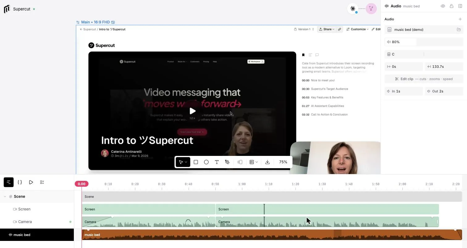 The timeline after ducking: the music bed row shows its volume envelope dipping wherever the camera track has speech